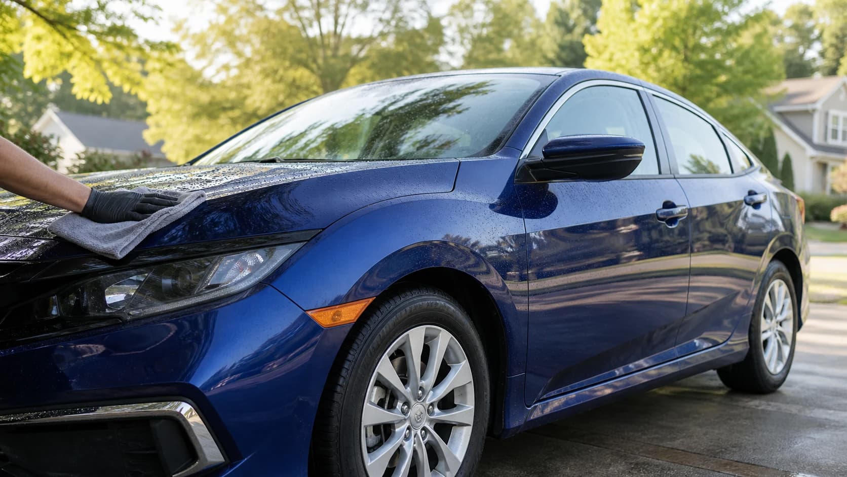 A deep blue sedan being carefully detailed